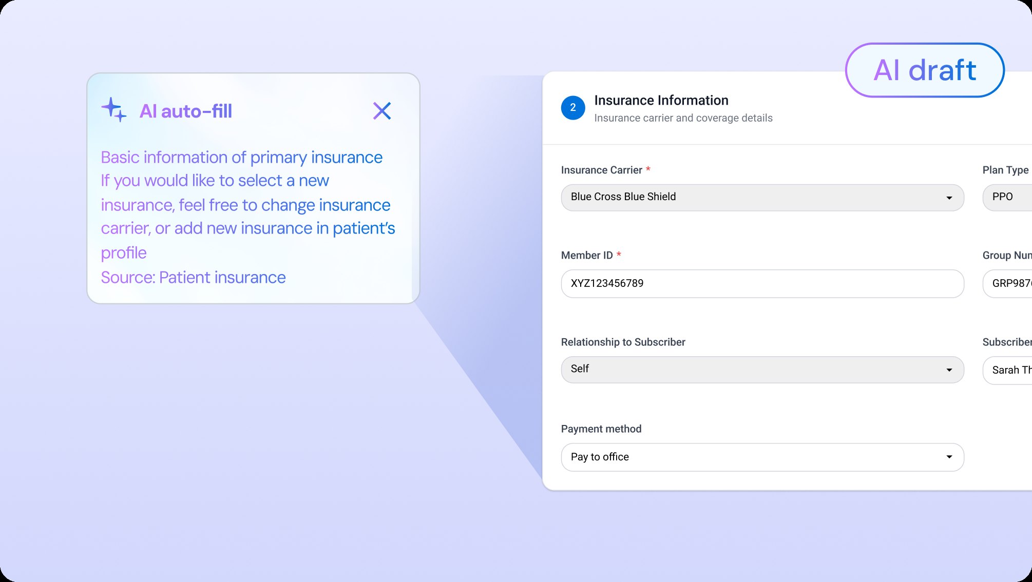 AI auto-fill of insurance information with its source cited and an AI draft tag