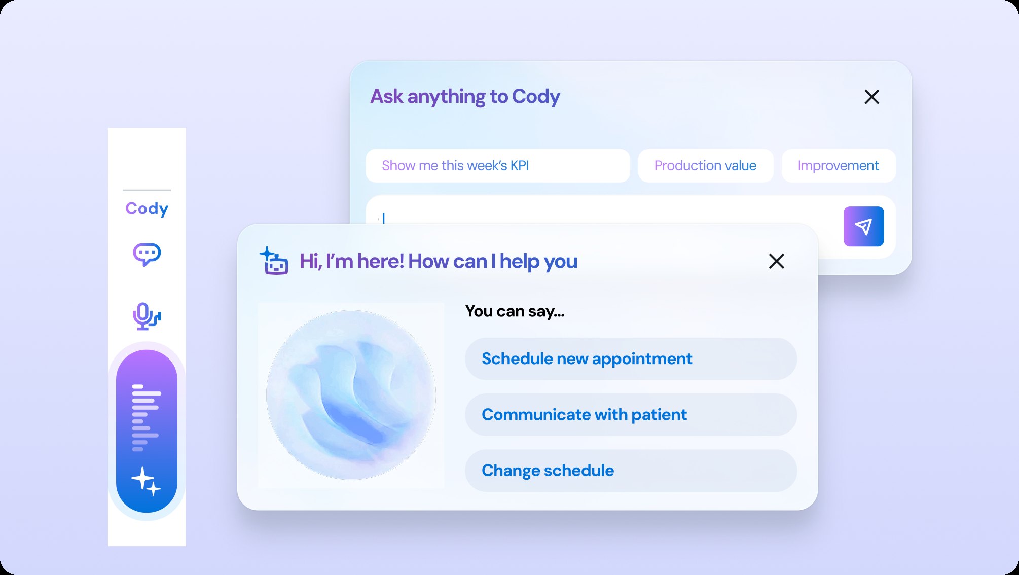 Sidebar quick buttons opening the Cody chat and voice prompts