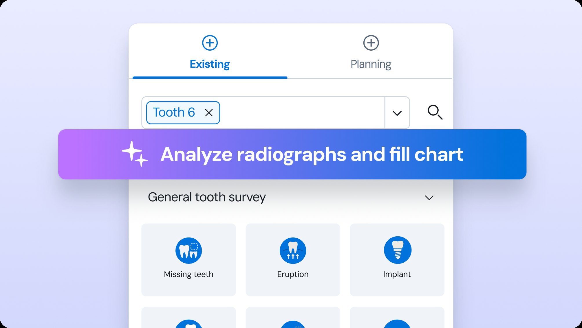 “Analyze radiographs and fill chart” AI shortcut embedded in the chart panel