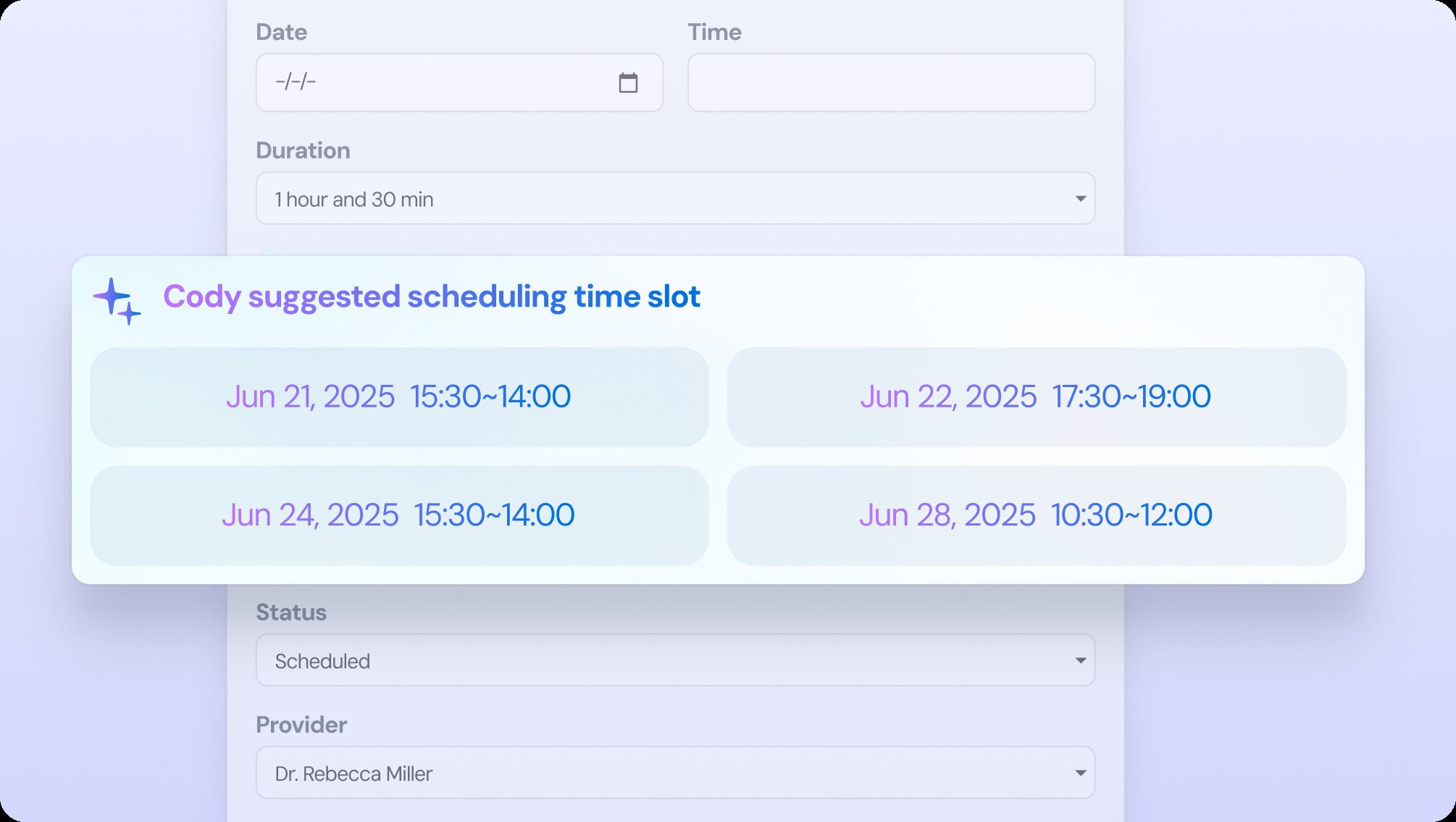 Cody suggesting scheduling time slots inside the appointment form