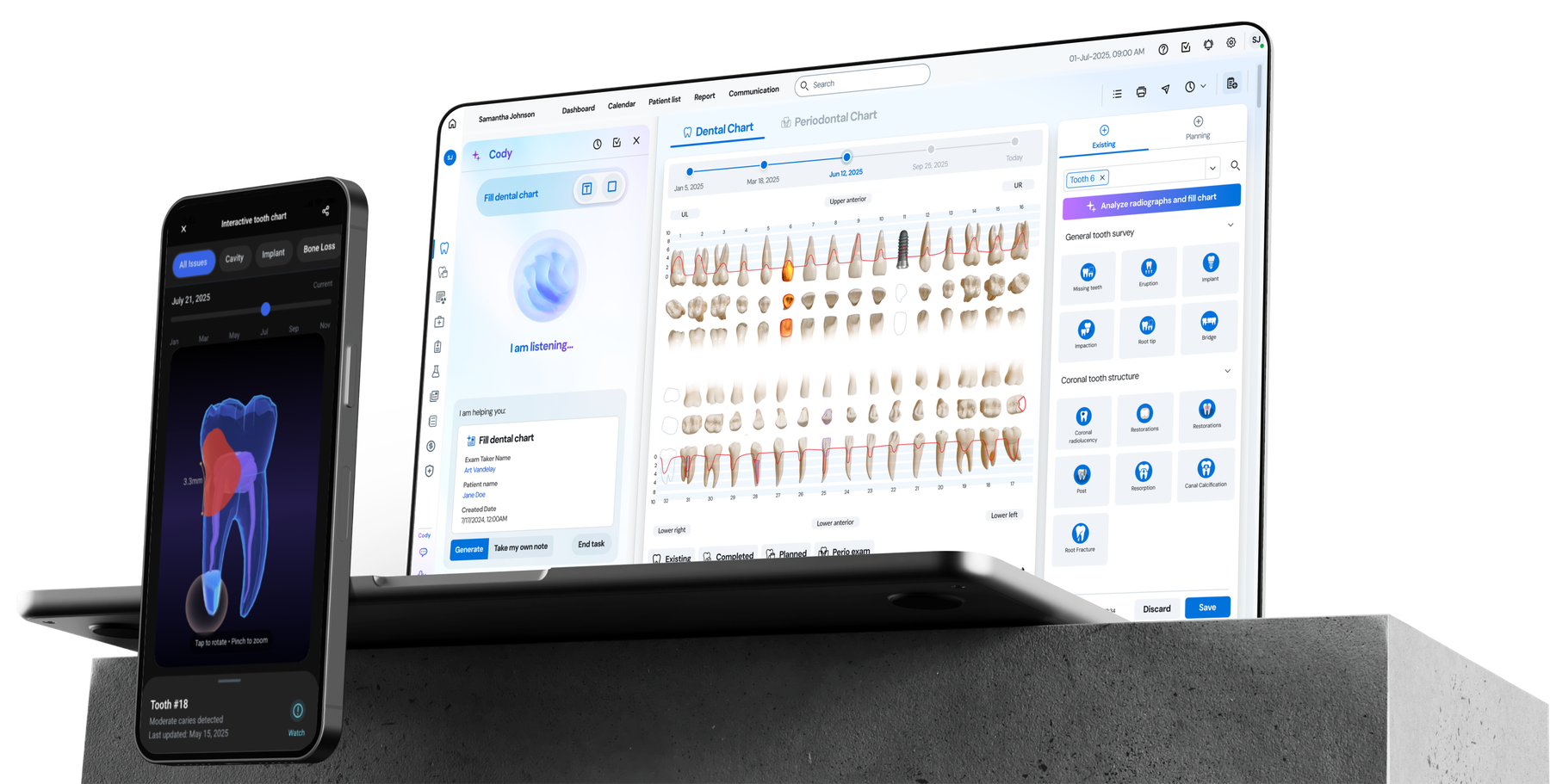Codentist clinic workspace — dental chart with the AI copilot listening on desktop, and a 3D tooth viewer on mobile