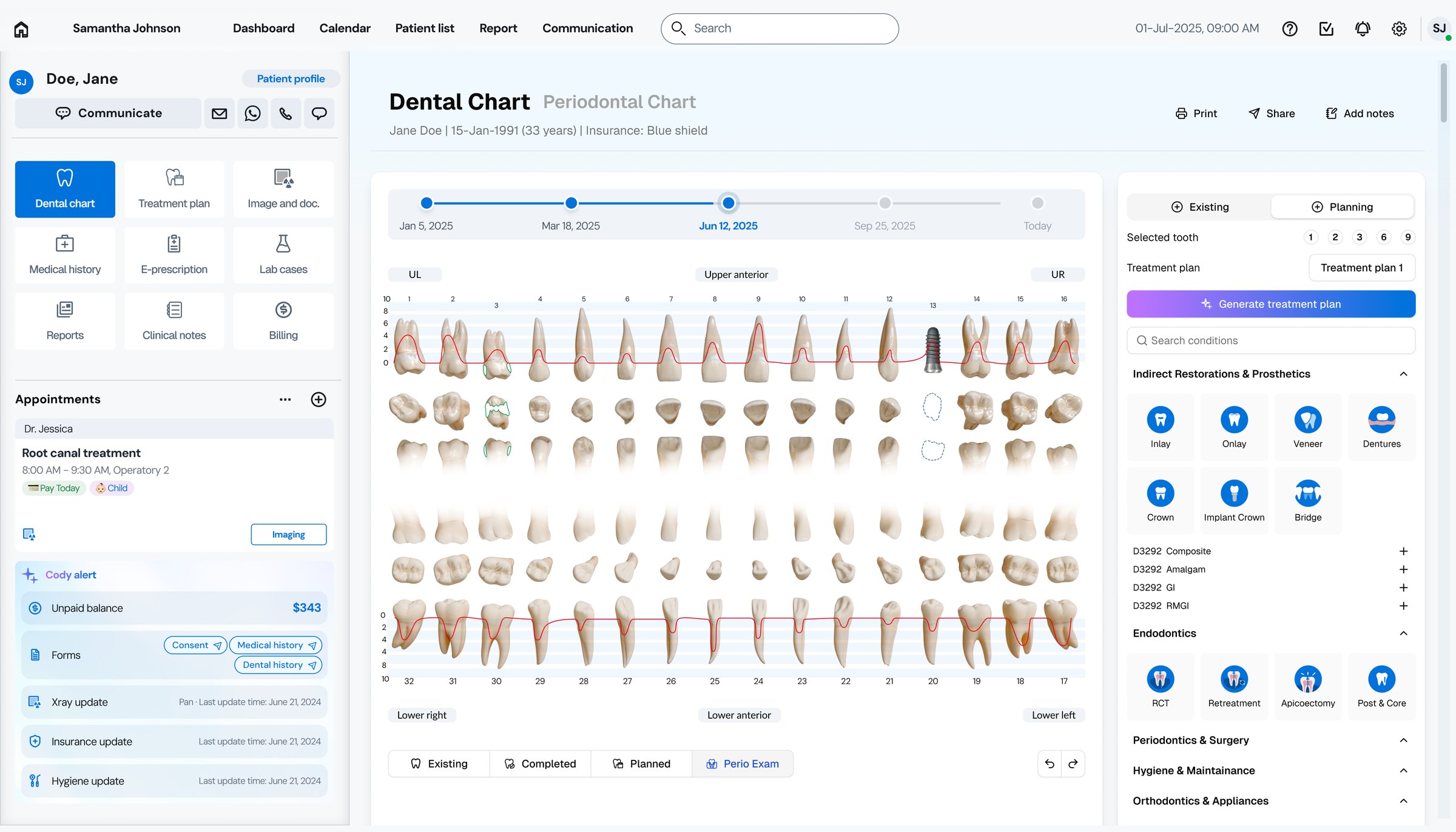 After: the redesigned dental chart — a visit timeline, realistic teeth, and AI shortcuts in one view