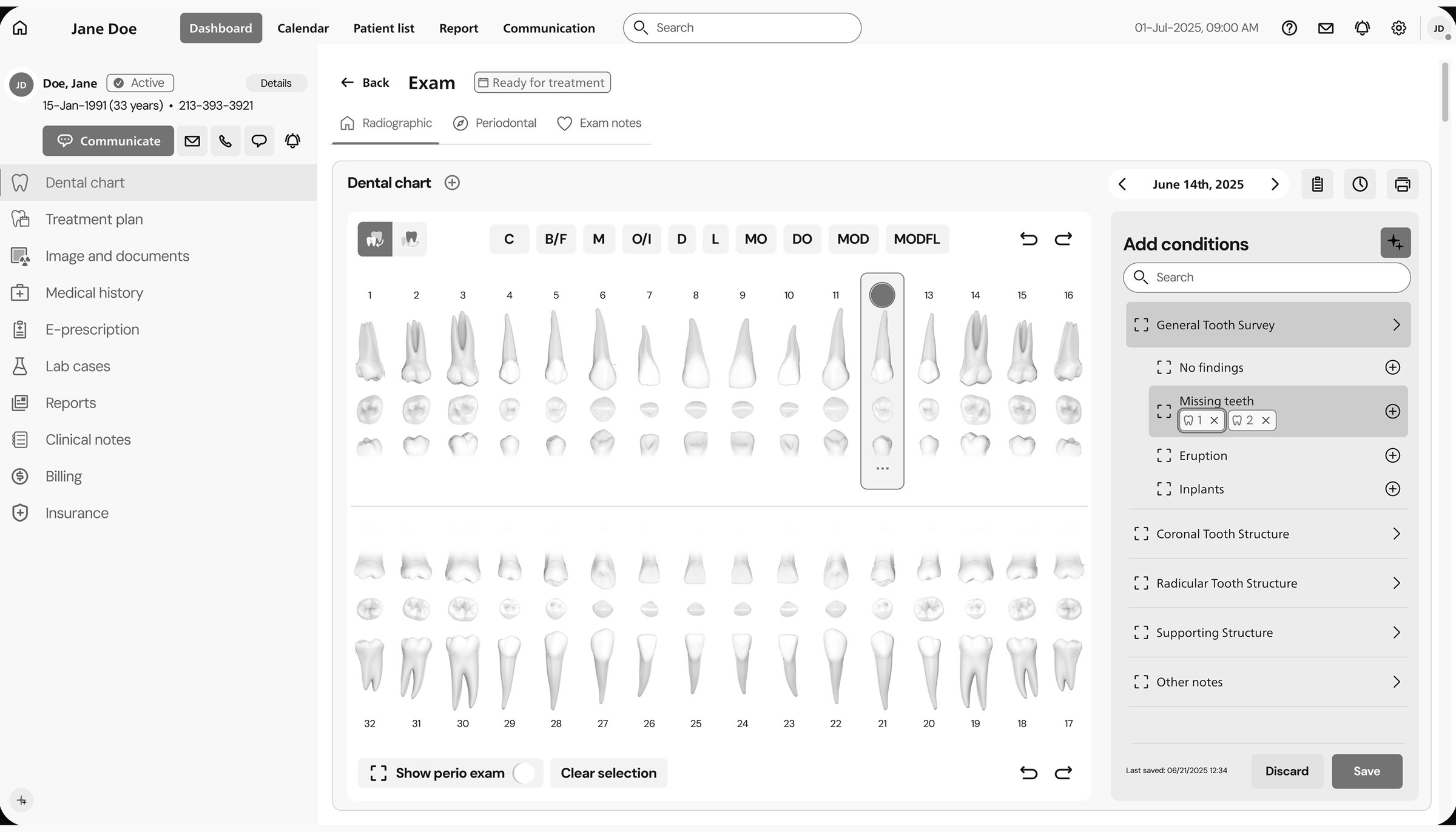 Before: the original exam screen — a grey, text-heavy dental chart with a separate conditions panel