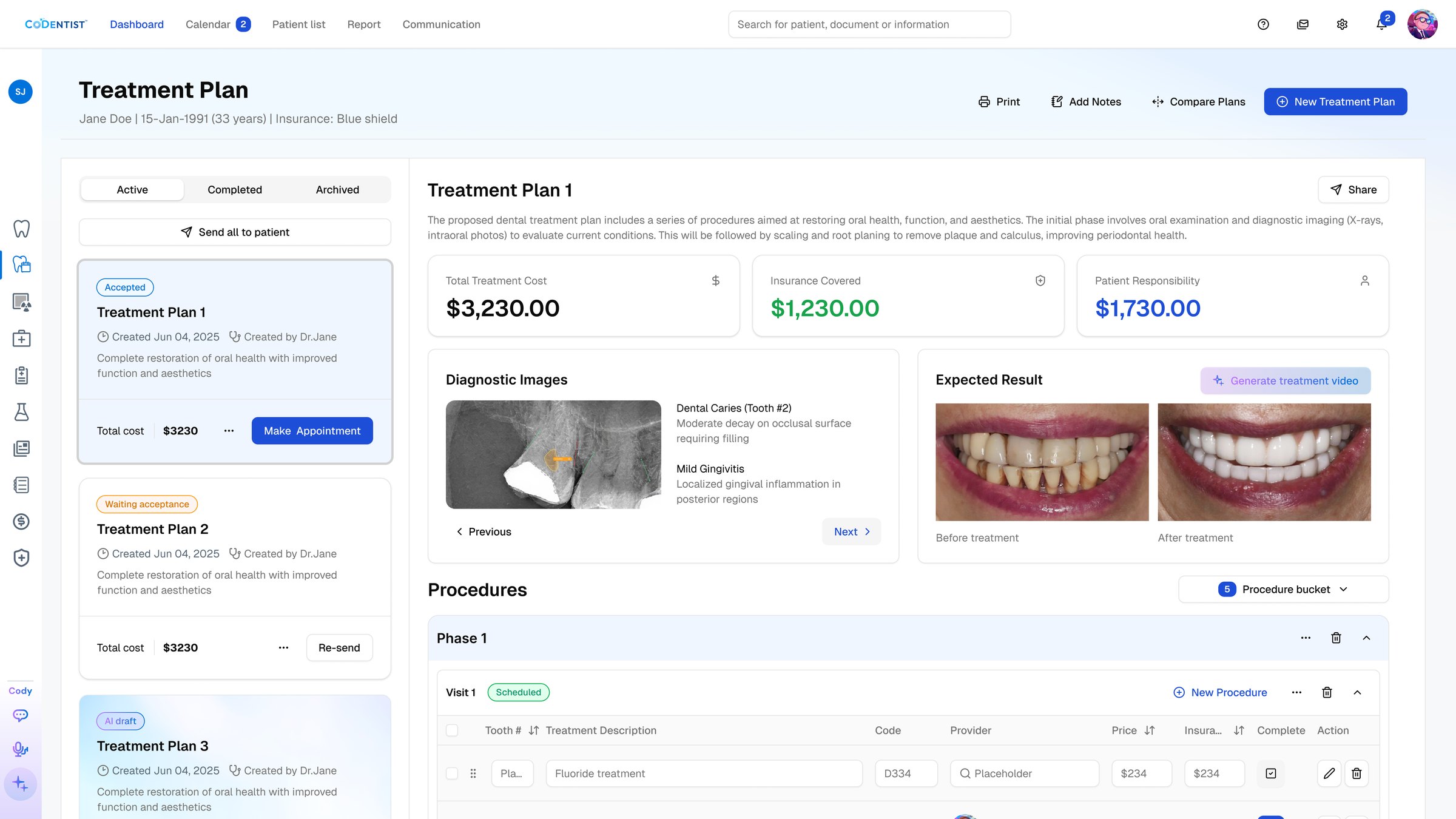 After: the redesigned treatment plan — plan list, diagnosis with imaging, expected results and phased procedures