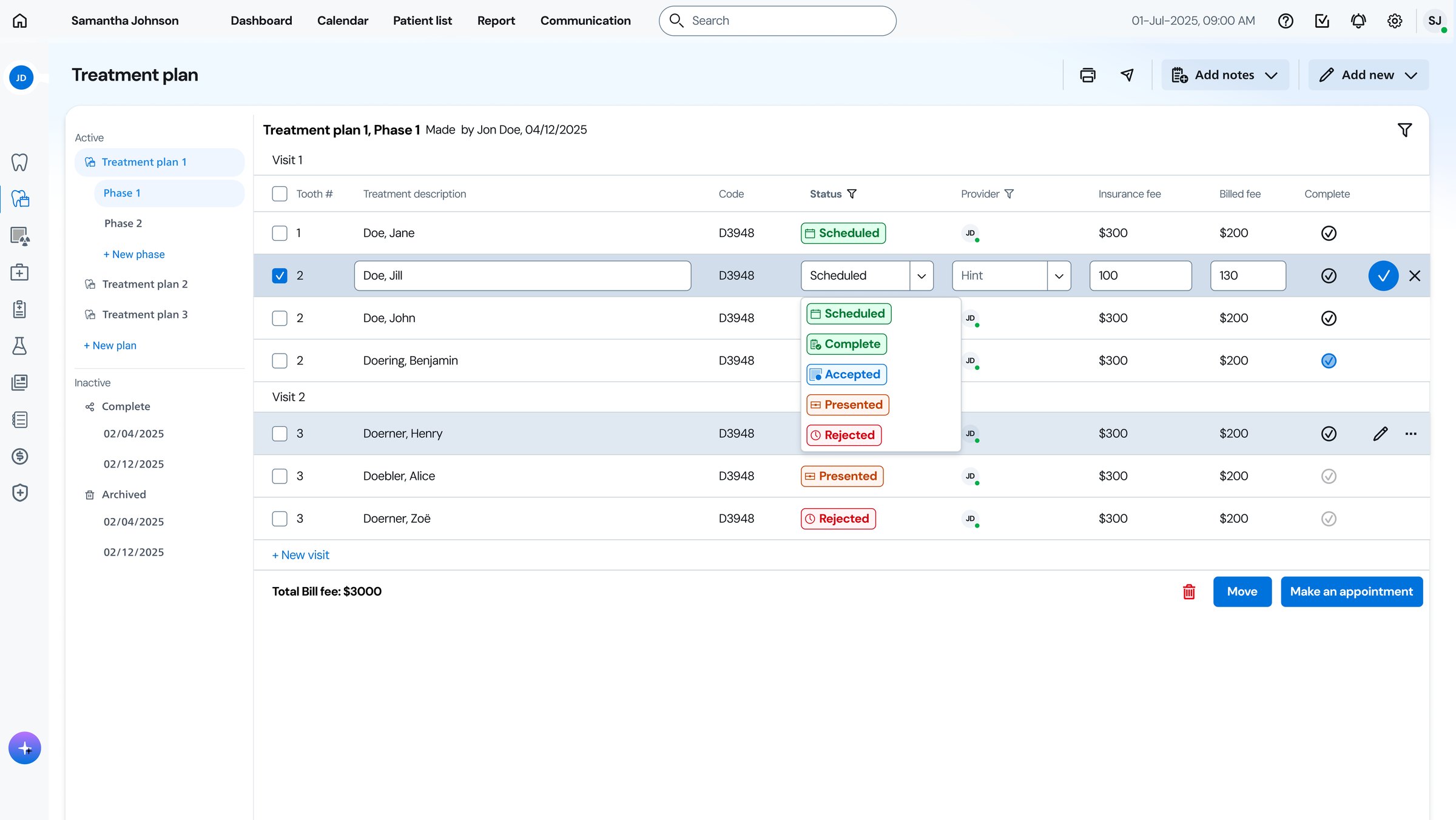 Before: the original treatment plan — a dense procedure table
