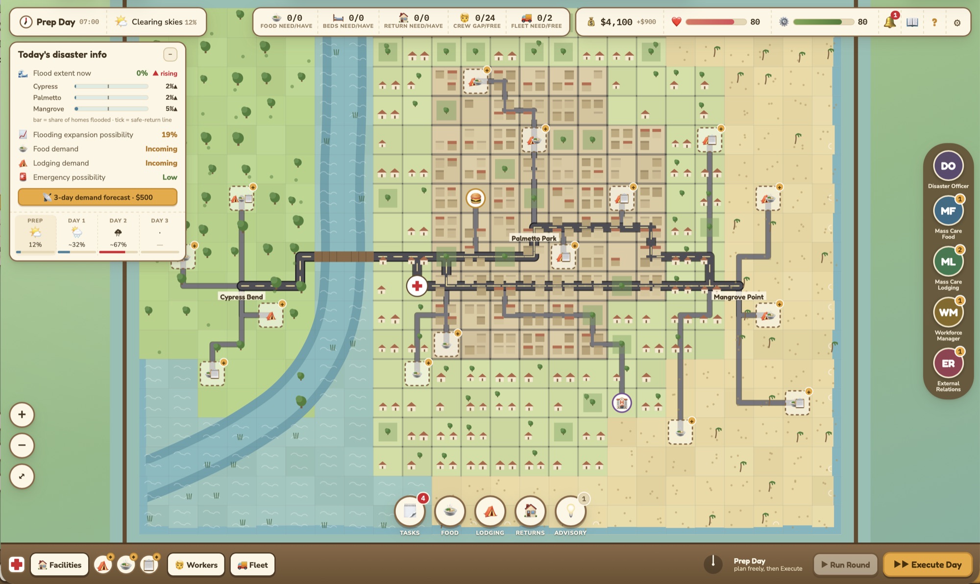 The playable game: a map with shelters, kitchens, roads and a disaster info panel
