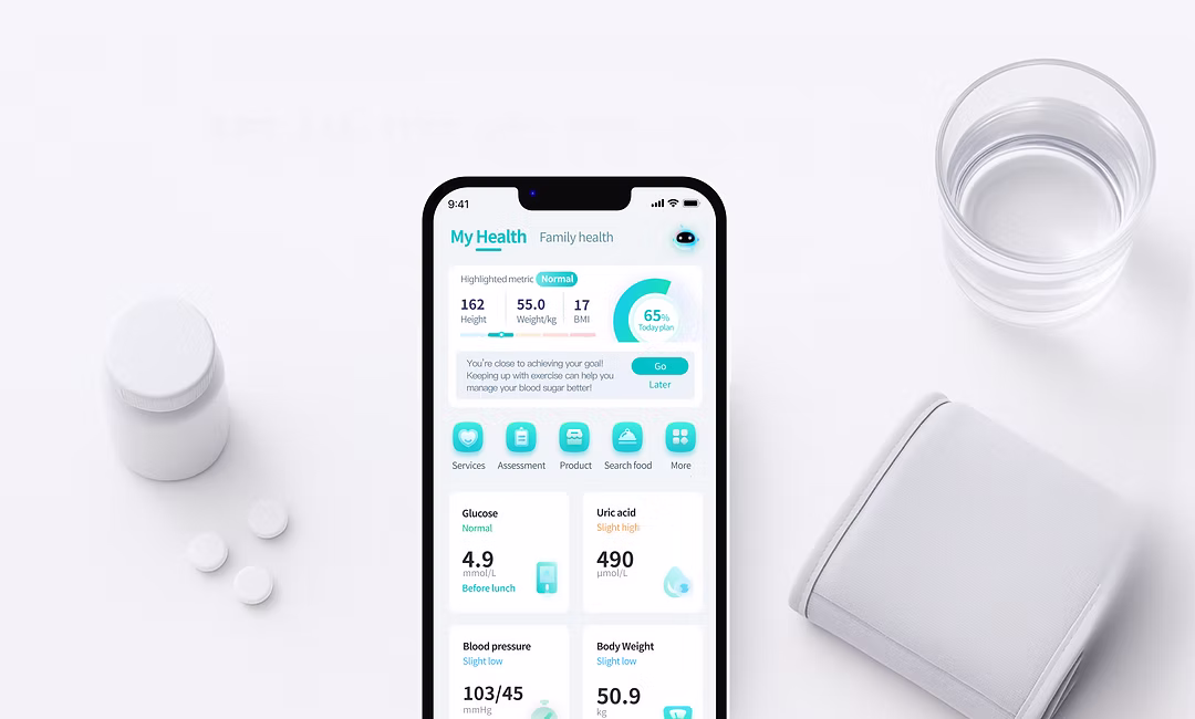Eaglenos Health app on a phone beside Eaglenos test devices