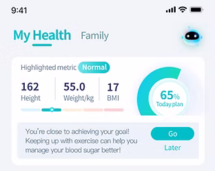 Highlighted metric card with height, weight, BMI and today's plan progress