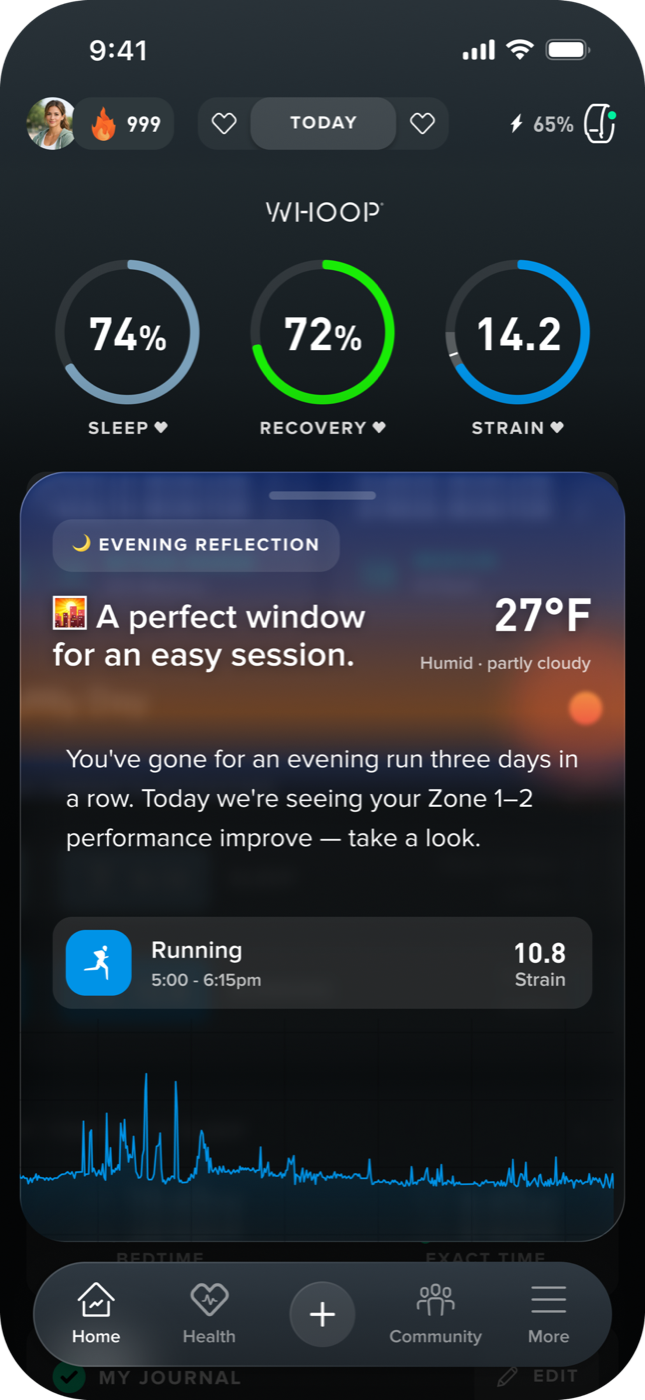 Evening reflection — 'A perfect window for an easy session', a three-day running streak with Zone 1–2 improvement