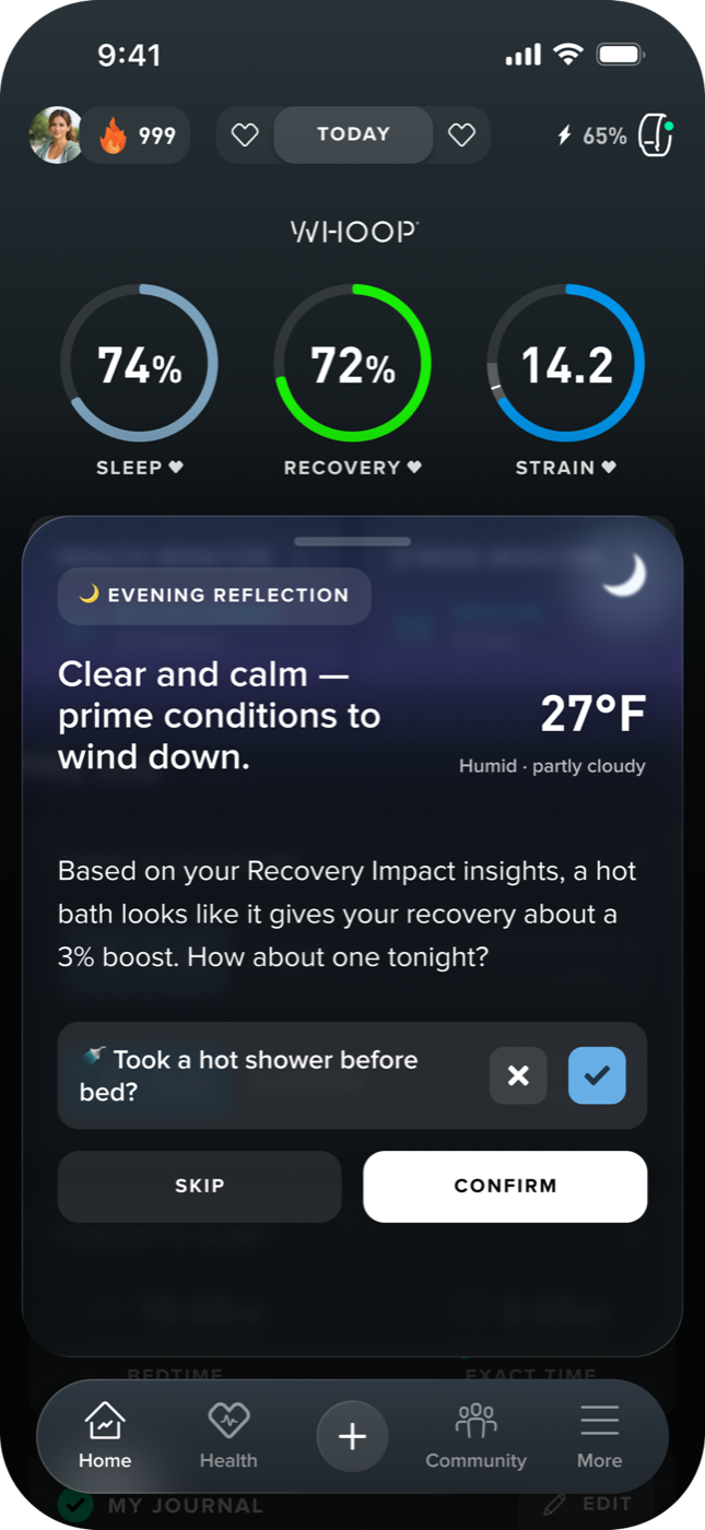 Evening reflection at night — 'Clear and calm, prime conditions to wind down', suggesting a hot shower based on Recovery Impact insights