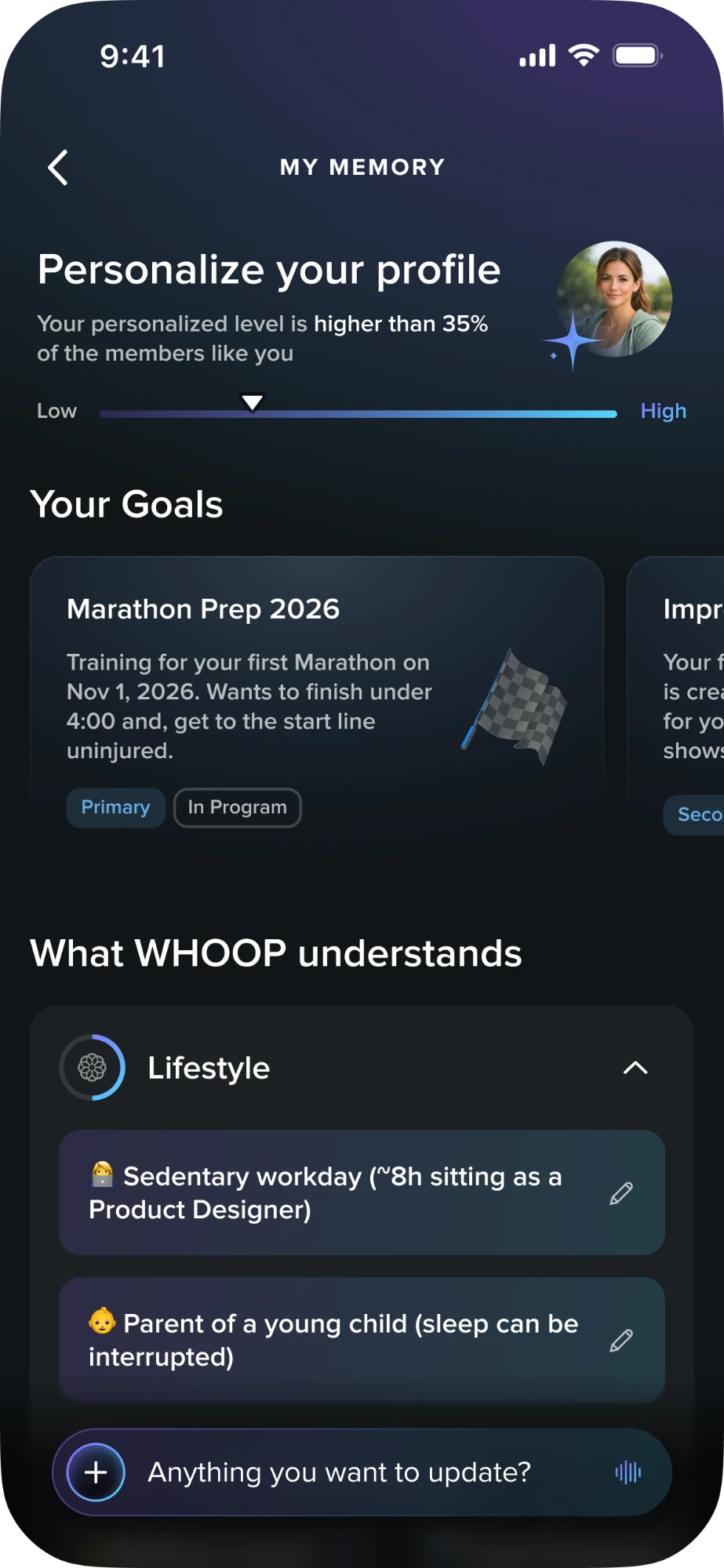 Context Hub — My Memory screen with personalization level, your goals, and what WHOOP understands
