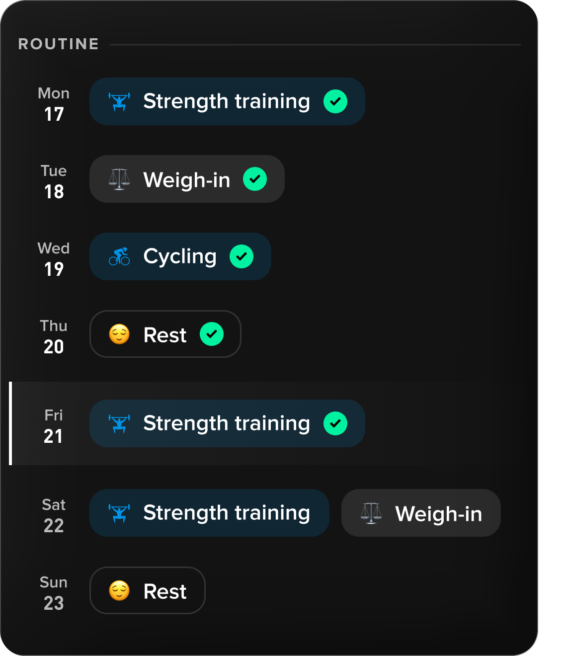 Routine — a week of scheduled strength training, weigh-ins, cycling, and rest days with completion checks